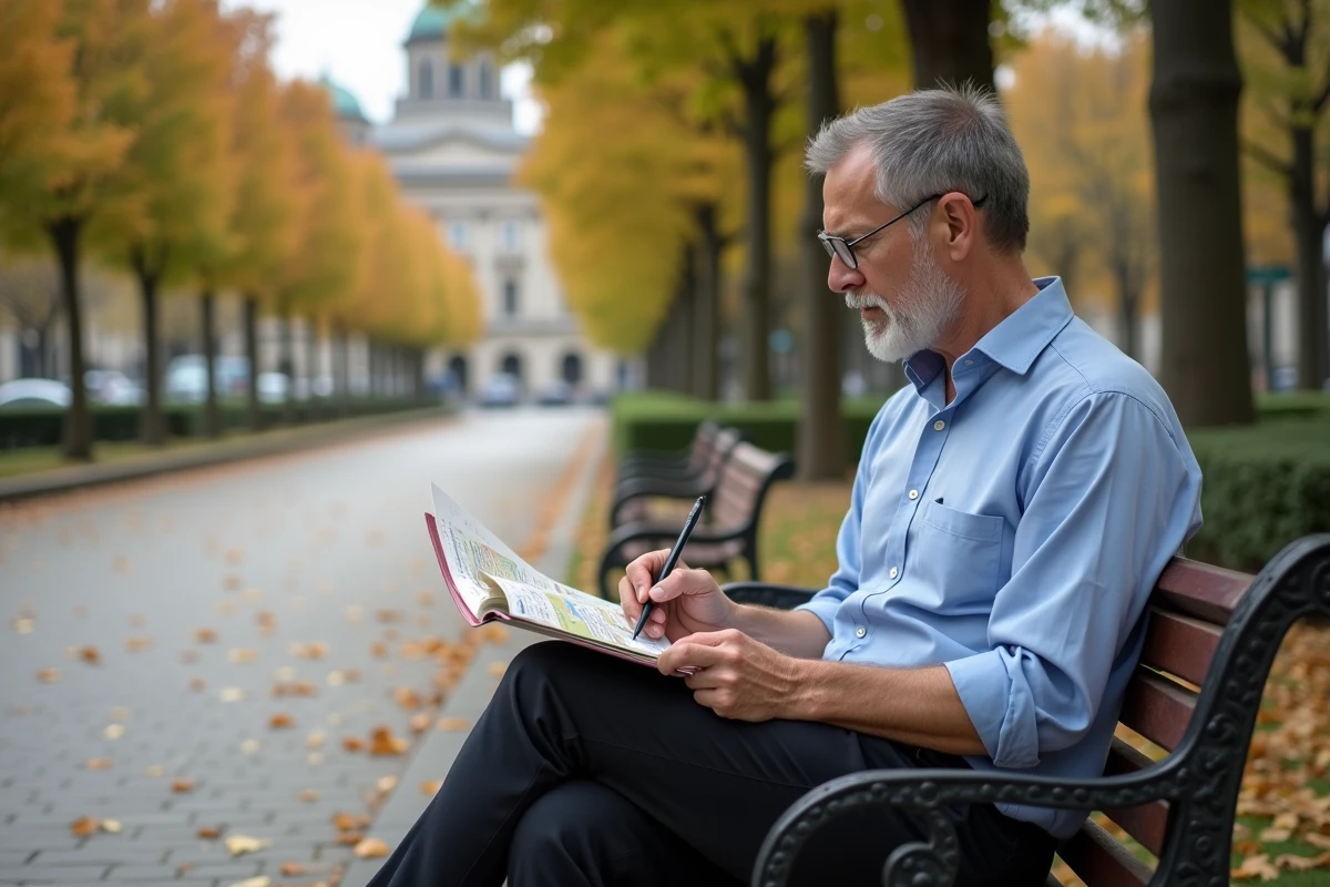 Homme en ville planifiant son voyage dans un parc urbain