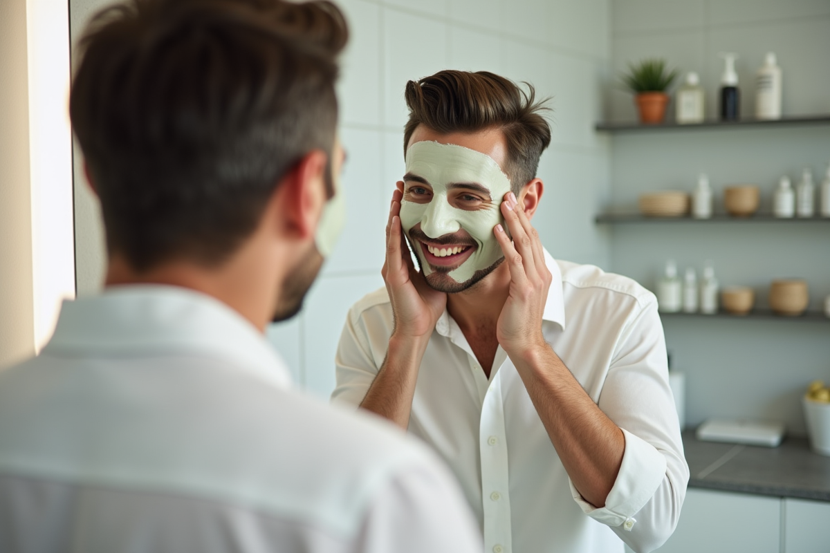 Homme appliquant un masque visage dans la salle de bain