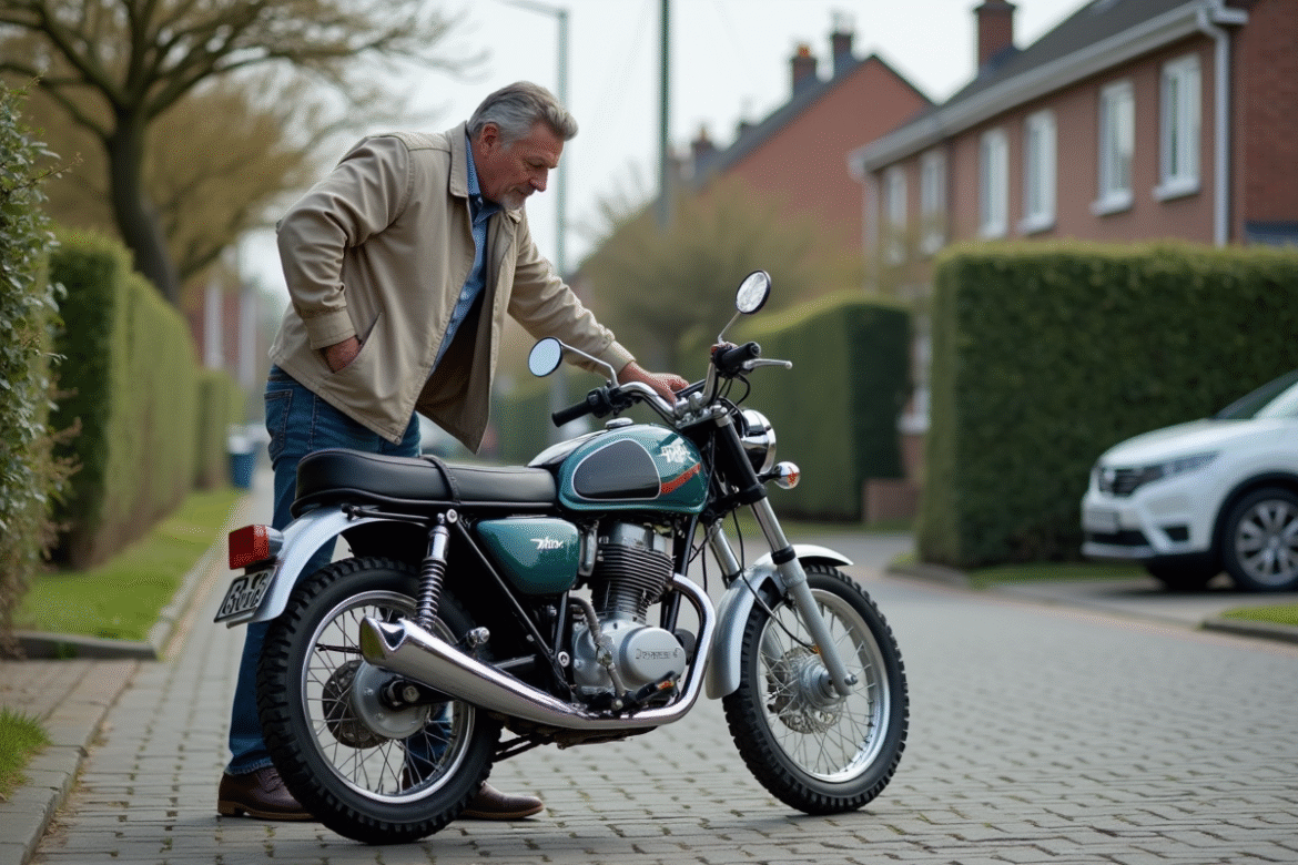 Homme d'âge moyen inspectant une moto 50cc Dax à l'extérieur