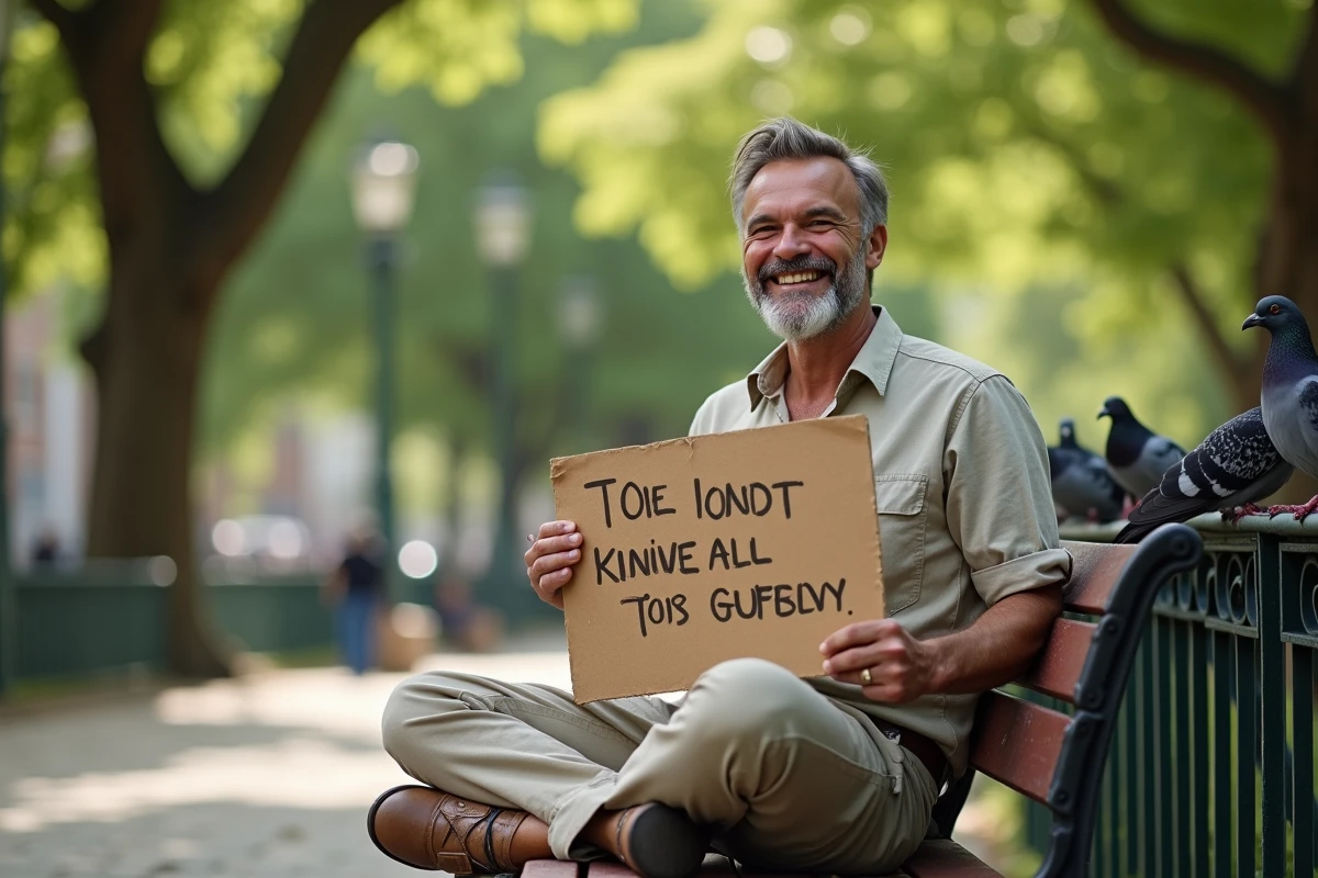 Homme barbu tenant une pancarte avec une rime humoristique dans un parc urbain