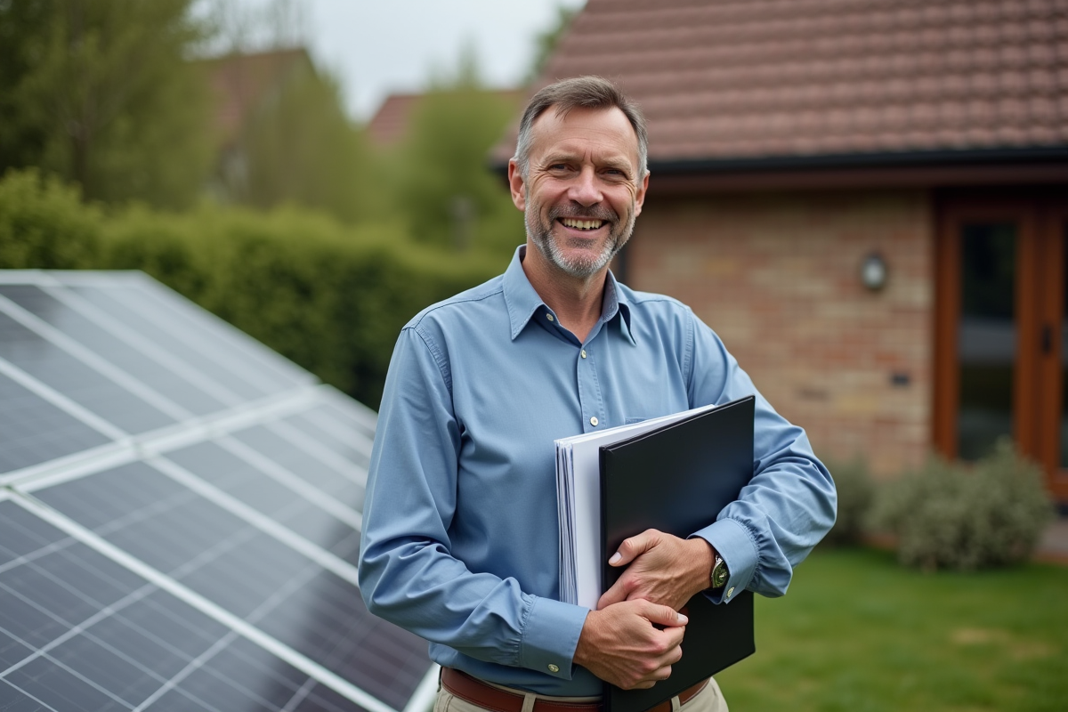 Homme avec ses panneaux solaires et dossier de taxes