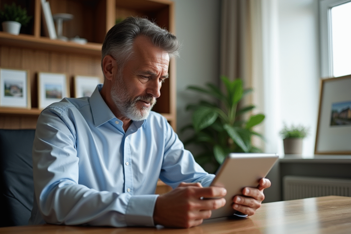 Homme d'affaires examine un portfolio immobilier sur tablette