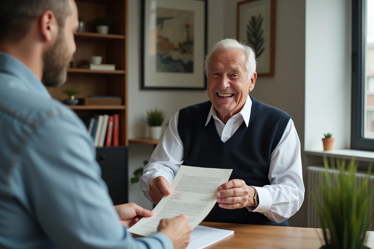 Homme âgé donnant une lettre à un jeune homme dans un salon