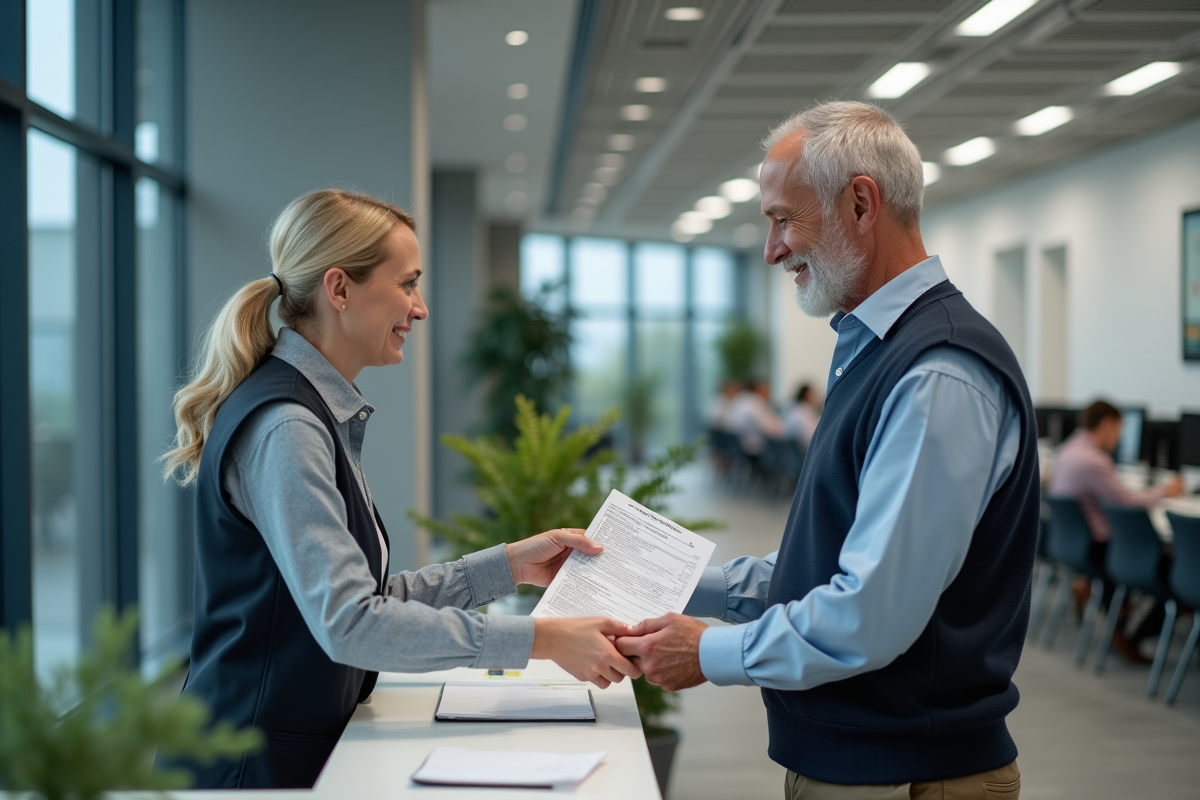 Homme retraité remettant ses formulaires dans un bureau