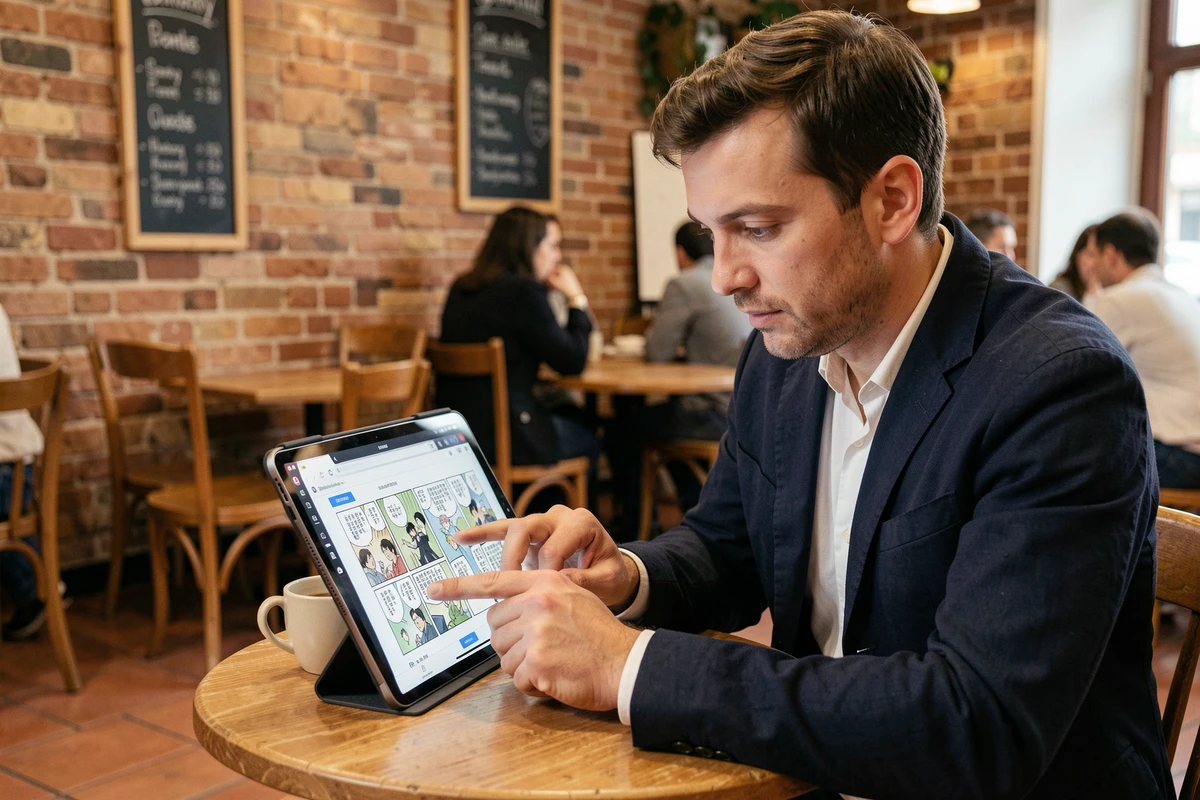 Homme consultant un site de scan webtoon sur tablette dans un café urbain