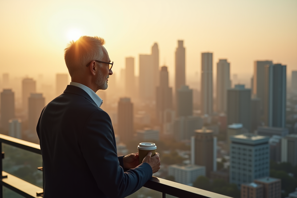 Homme senior regardant la ville depuis un balcon au matin