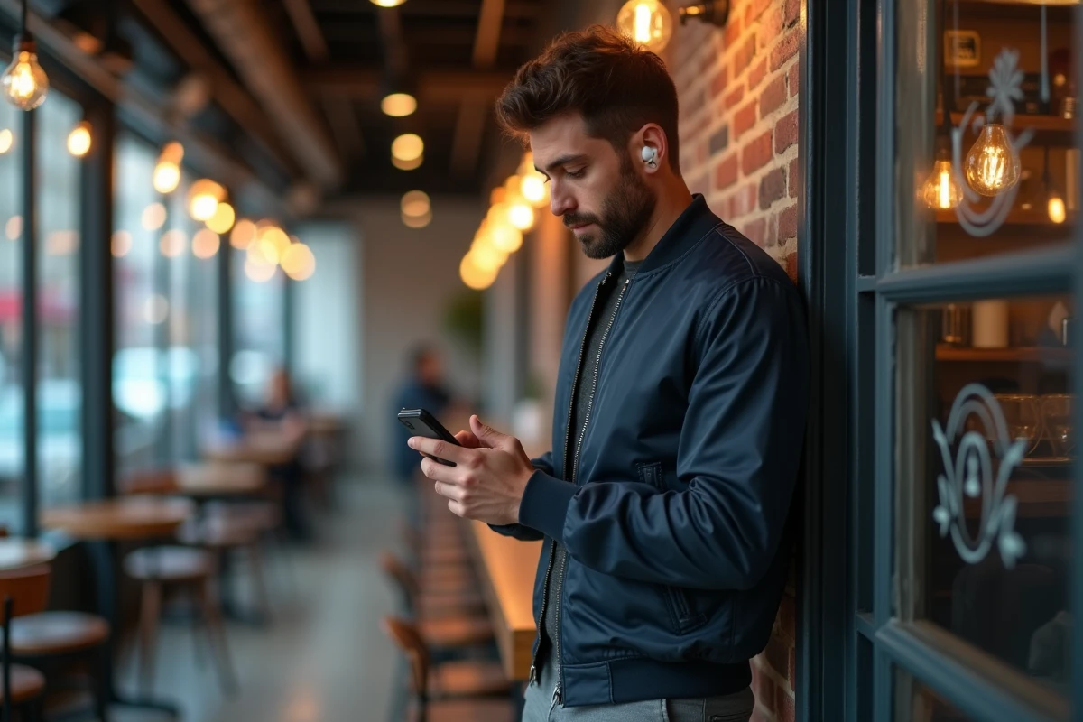 Homme consultant son smartphone dans un café urbain avec vue sur la rue, application de défilement ouverte