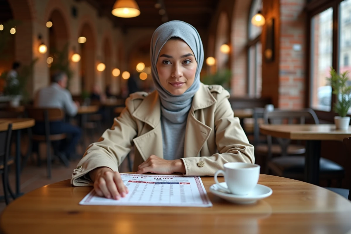 Femme consultant un calendrier des prières imprimé dans un café traditionnel de Toulouse
