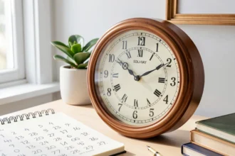 Horloge posée sur un bureau à côté d'un carnet de calculs