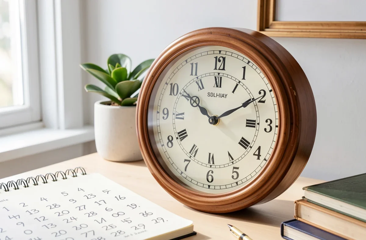 Horloge posée sur un bureau à côté d'un carnet de calculs