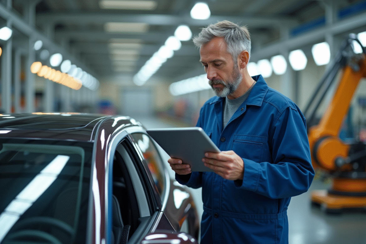 Ingénieur automobile examinant un châssis électrique en usine