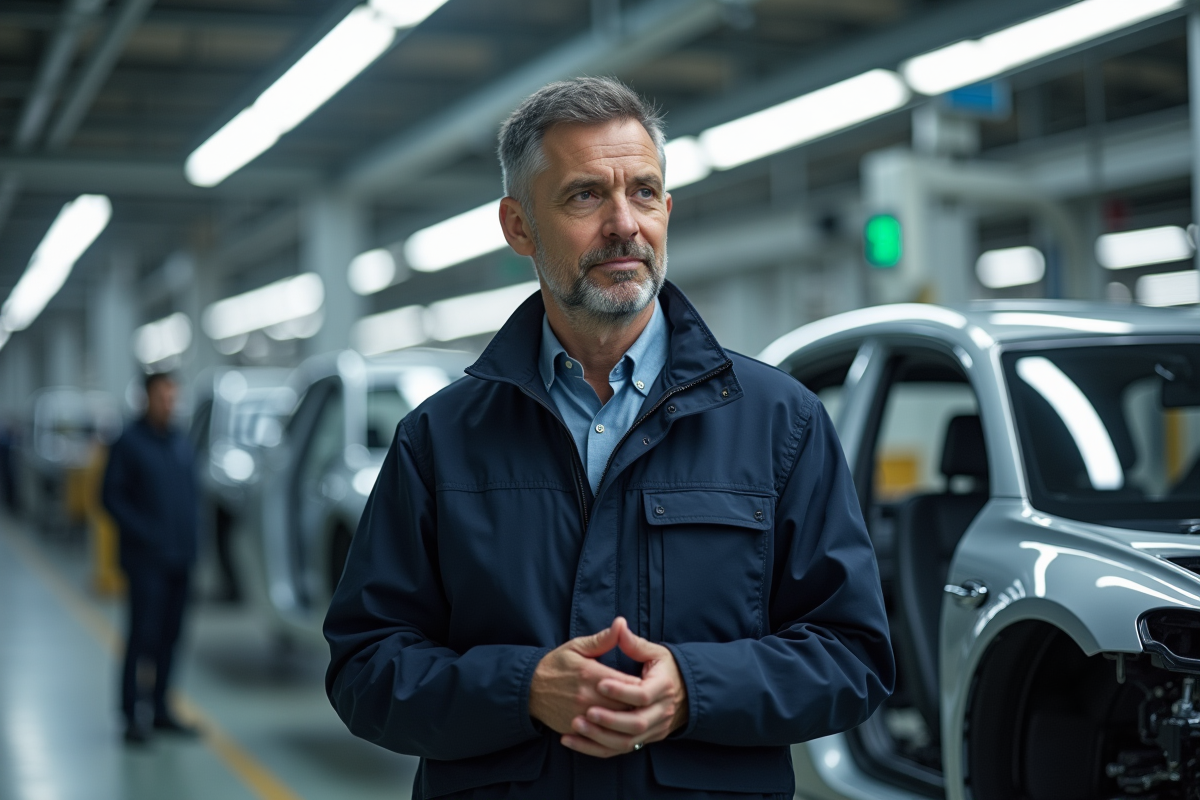 Ingénieur automobile en atelier avec voiture électrique en construction