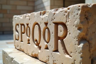 Inscription latine SPQR gravée dans la pierre travertine antique avec érosion visible, style épigraphique romain