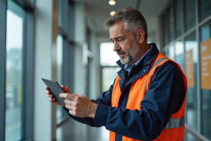 Inspecteur sécurité en veste orange examine un échantillon de tissu
