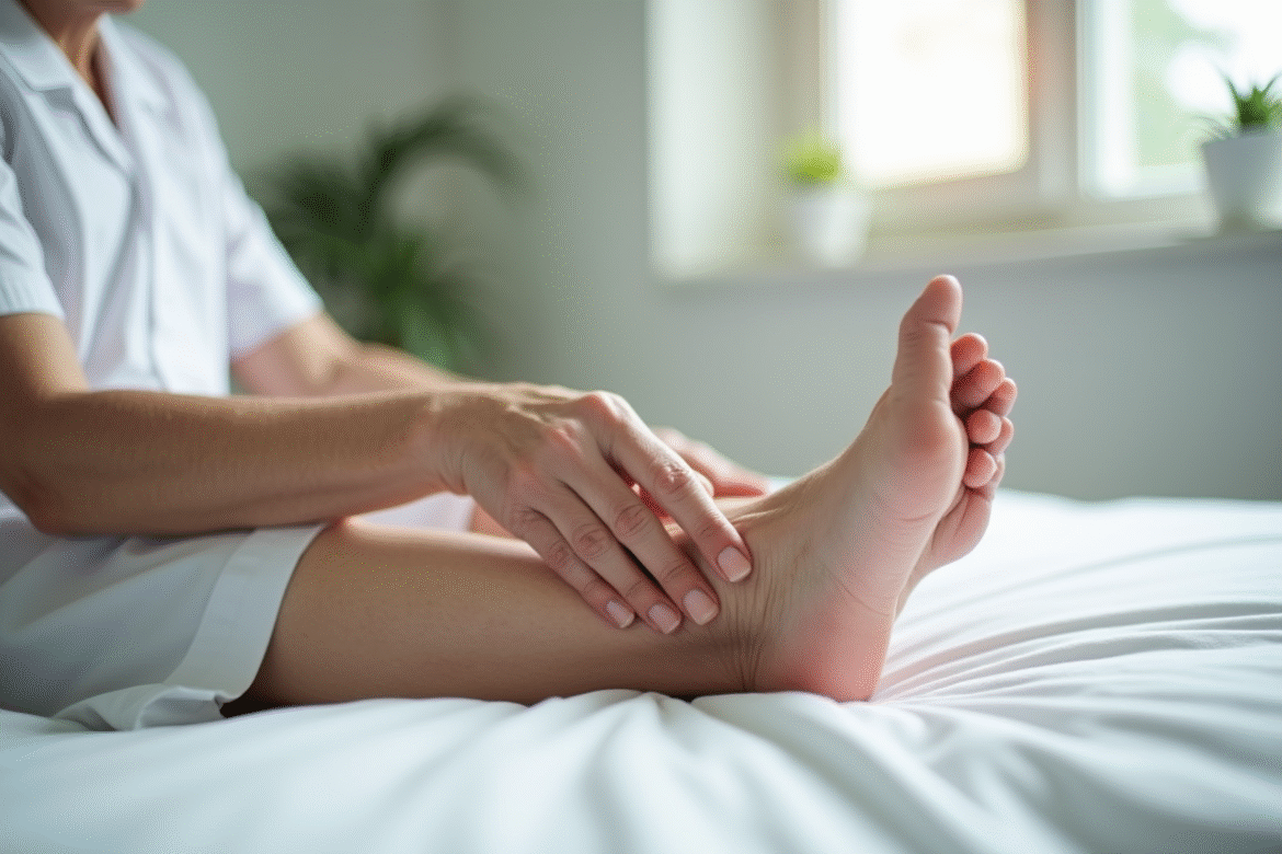 Patient agee diabetique inspectant son pied propre et hydrate en lumiere naturelle