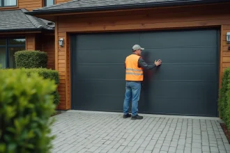 Hommes inspectant un portail de garage moderne extérieur