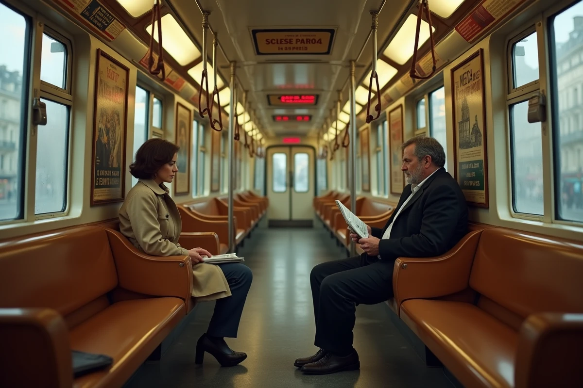 Intérieur d'une rame ancienne du métro parisien ligne 4 avec passagers et affiches publicitaires d'époque