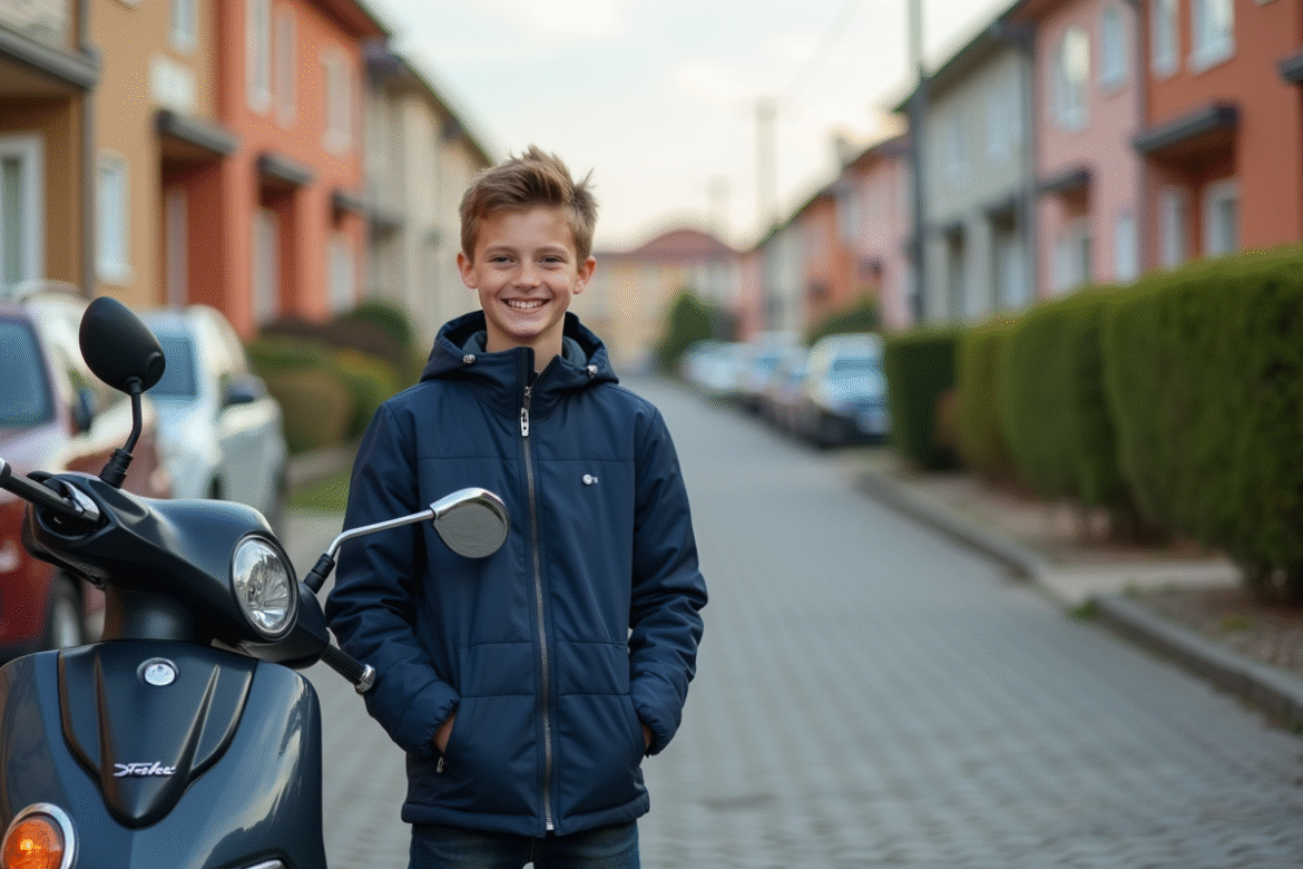 Jeune garçon souriant avec scooter dans une rue résidentielle