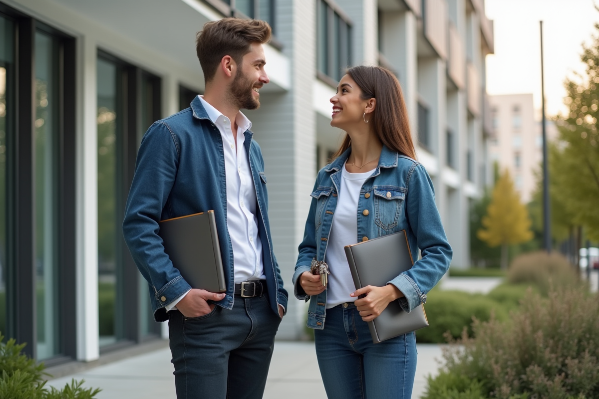 Jeune couple avec clés devant appartement moderne