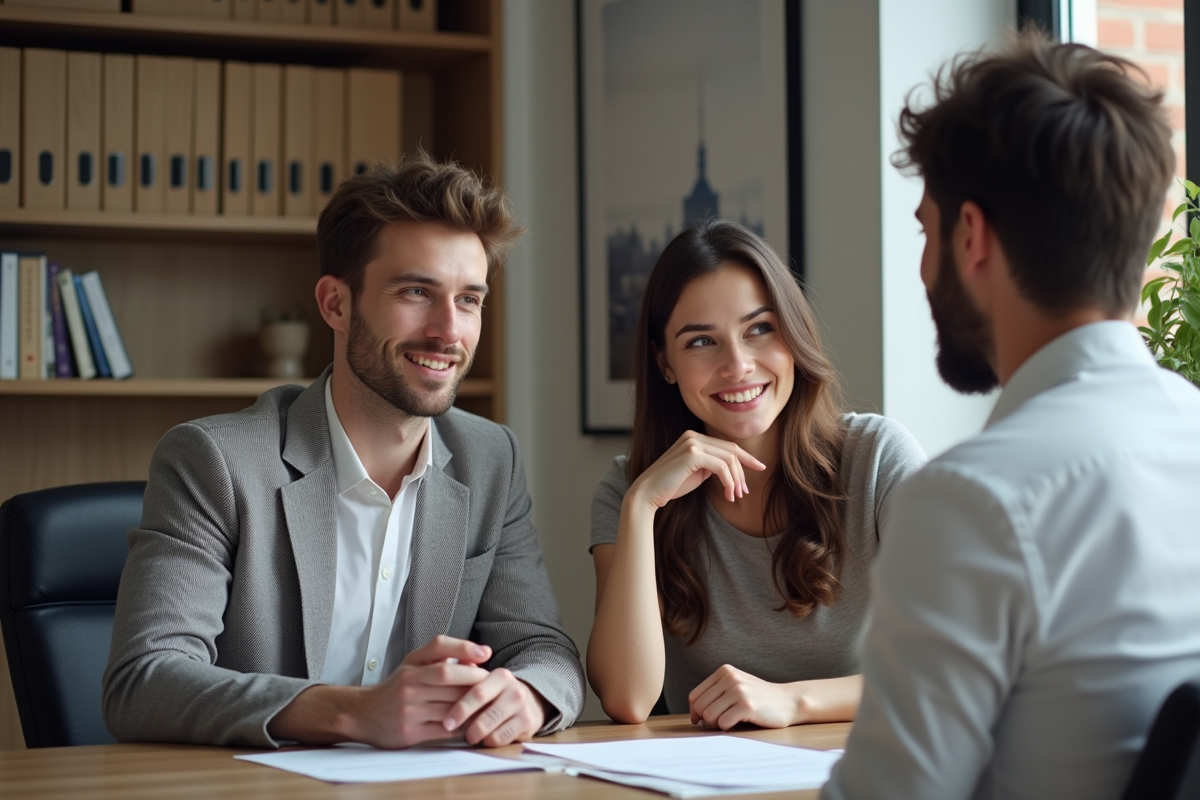 Jeune couple français rencontrant un notaire dans un bureau moderne
