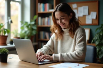 Jeune femme concentrée travaillant sur un MacBook dans un bureau cosy