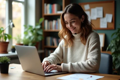 Jeune femme concentrée travaillant sur un MacBook dans un bureau cosy
