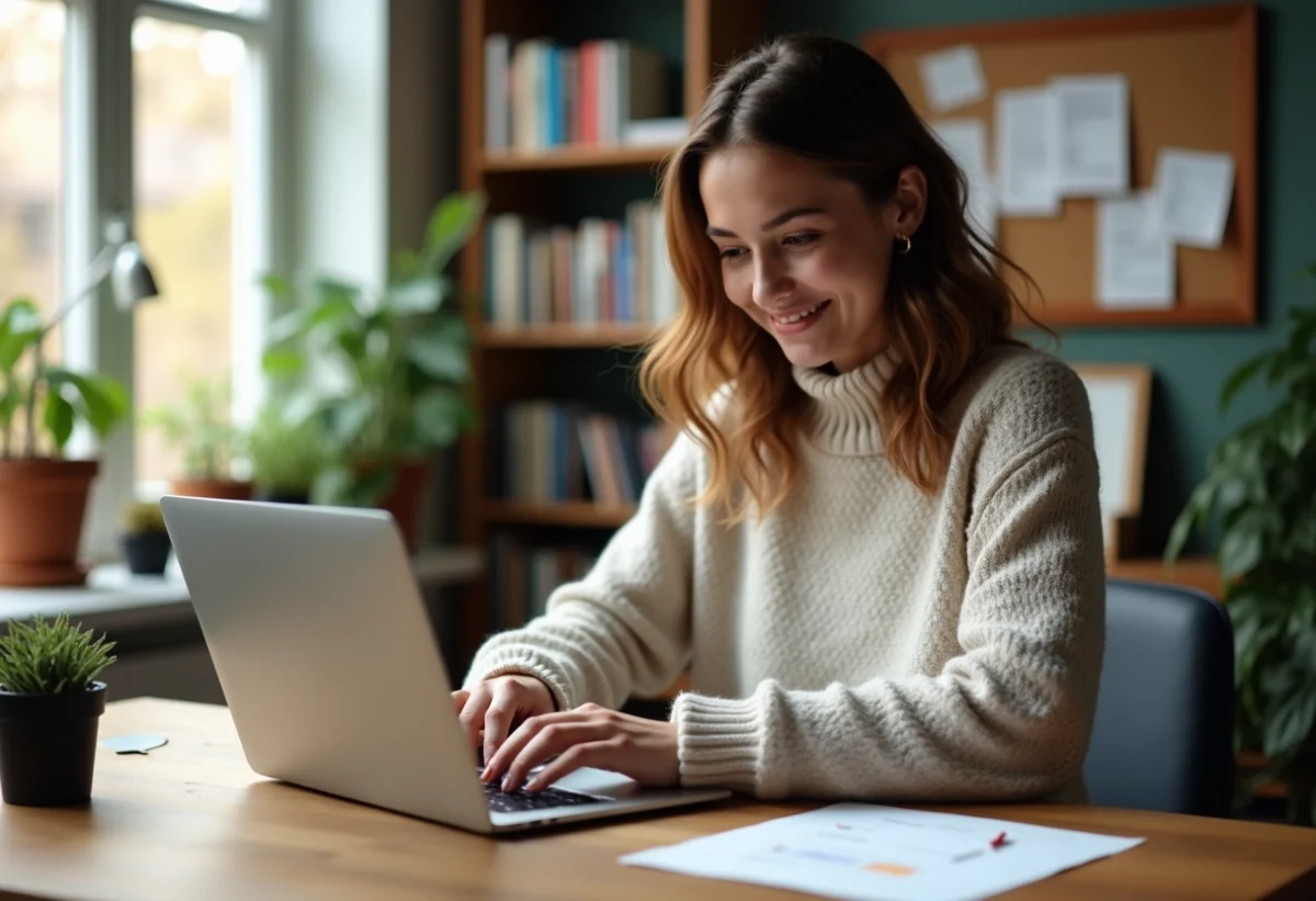 Jeune femme concentrée travaillant sur un MacBook dans un bureau cosy