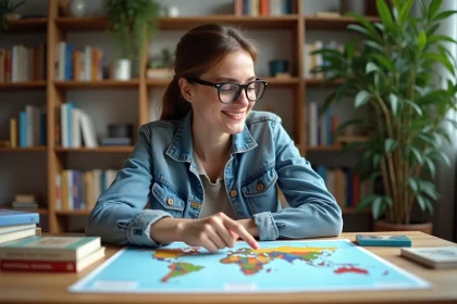 Jeune femme regardant une carte de l'Europe dans un salon cosy