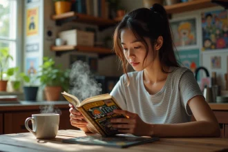Jeune femme lisant un manga dans une cuisine chaleureuse