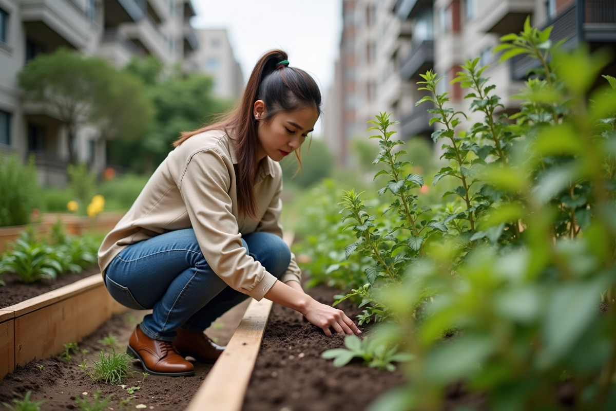 Jeune femme plantant un arbre dans un jardin urbain
