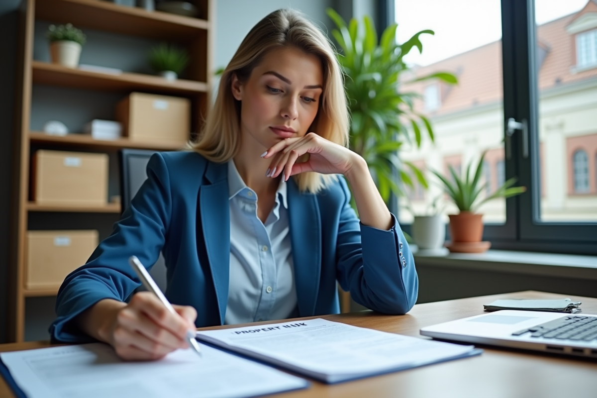 Jeune femme professionnelle vérifiant ses impôts au bureau