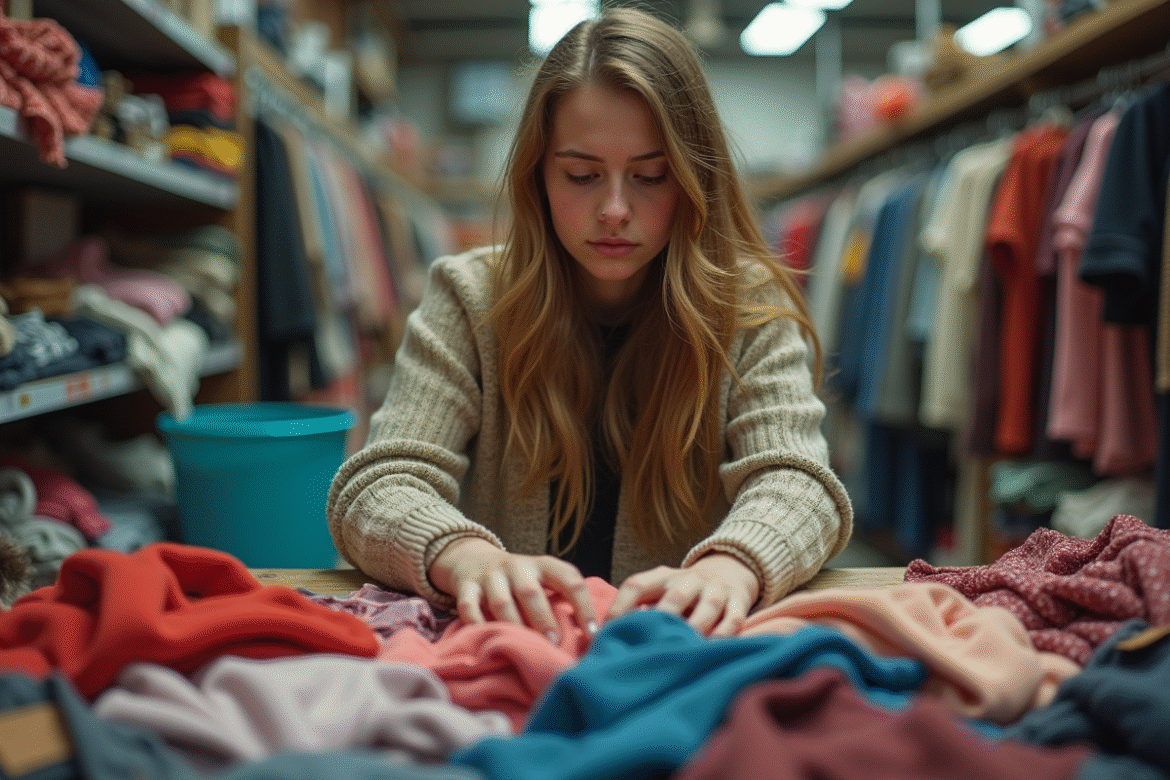 Jeune femme triant des vêtements colorés dans une boutique de seconde main