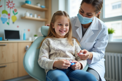 Jeune fille chez le dentiste pediatrique souriante et curieuse