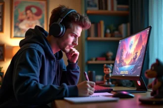 Jeune homme concentré jouant à Dofus dans son bureau