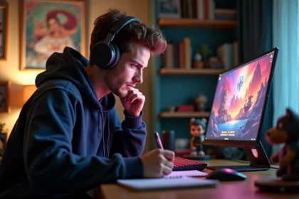 Jeune homme concentré jouant à Dofus dans son bureau