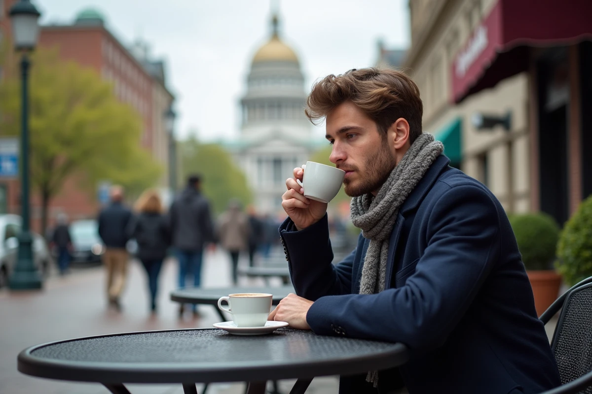 Jeune homme buvant un café devant le capitole de Pennsylvanie