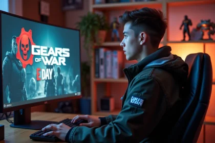 Jeune homme concentré devant un écran de jeu Gears of War E Day