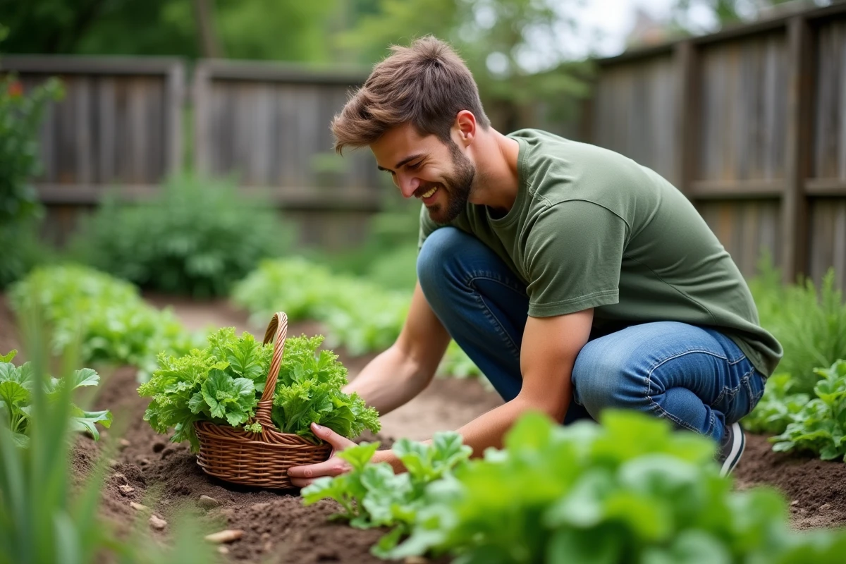 Jeune homme récoltant légumes dans un jardin bio