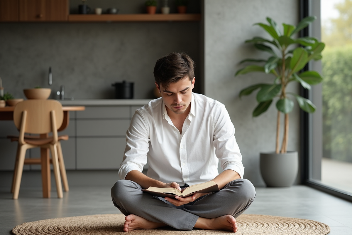 Jeune homme lisant dans une cuisine minimaliste
