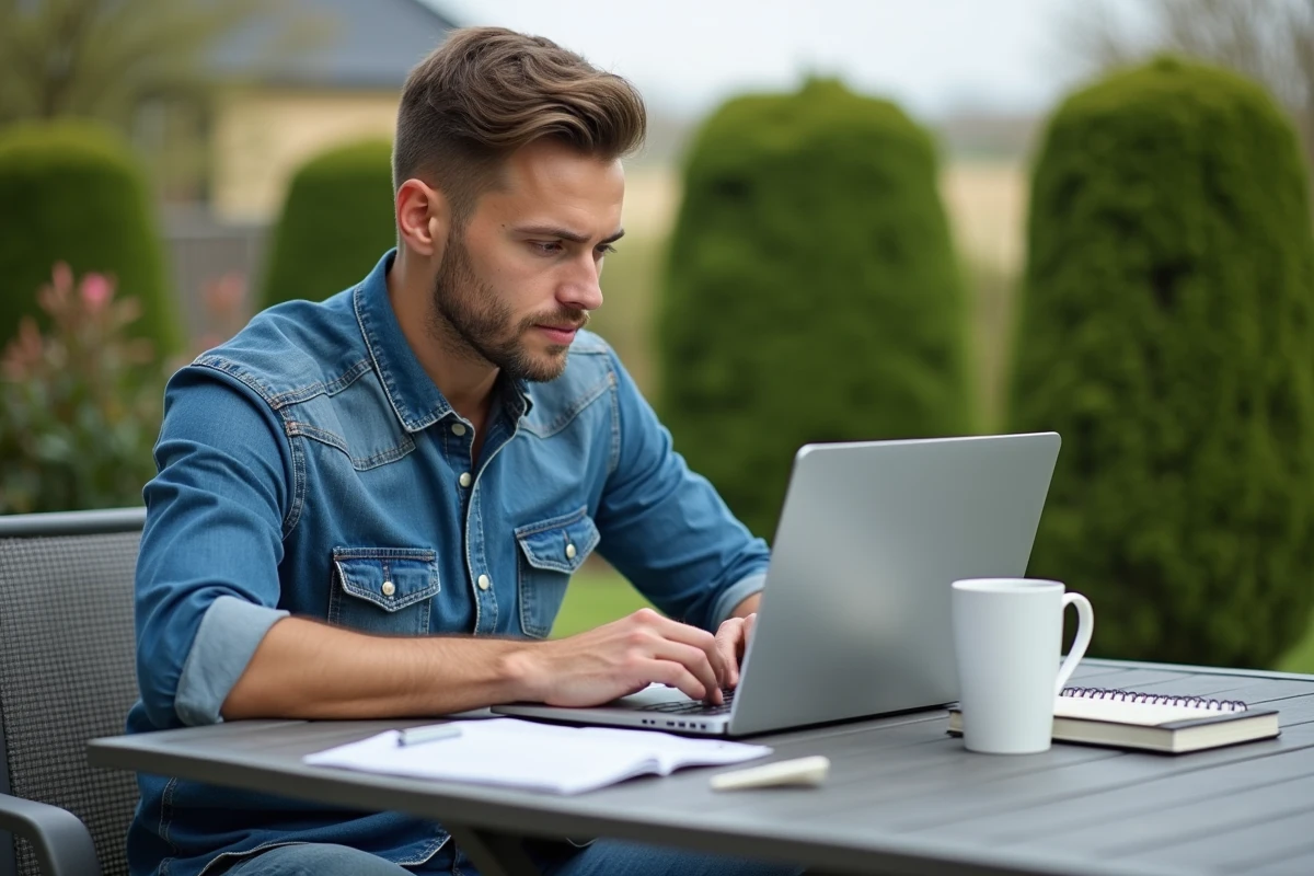Jeune homme en extérieur vérifiant un planificateur numérique