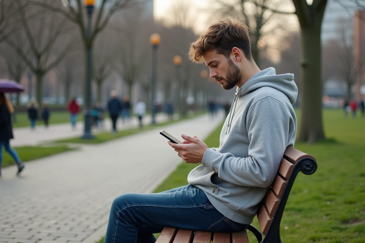 Jeune homme assis sur un banc dans un parc urbain avec son téléphone