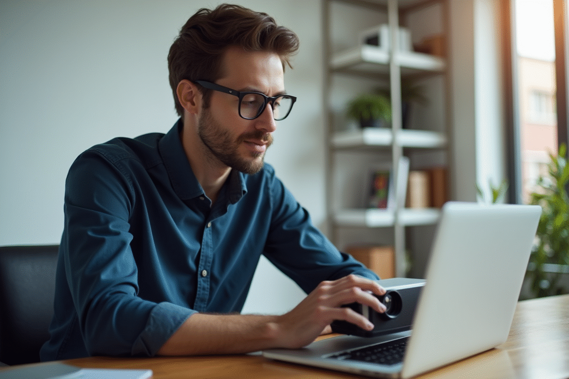 Jeune homme professionnel ajustant un projecteur LED dans un bureau moderne