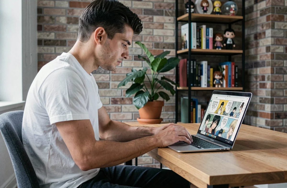 Jeune homme lisant un scan de manga en français sur ordinateur portable dans un appartement urbain moderne