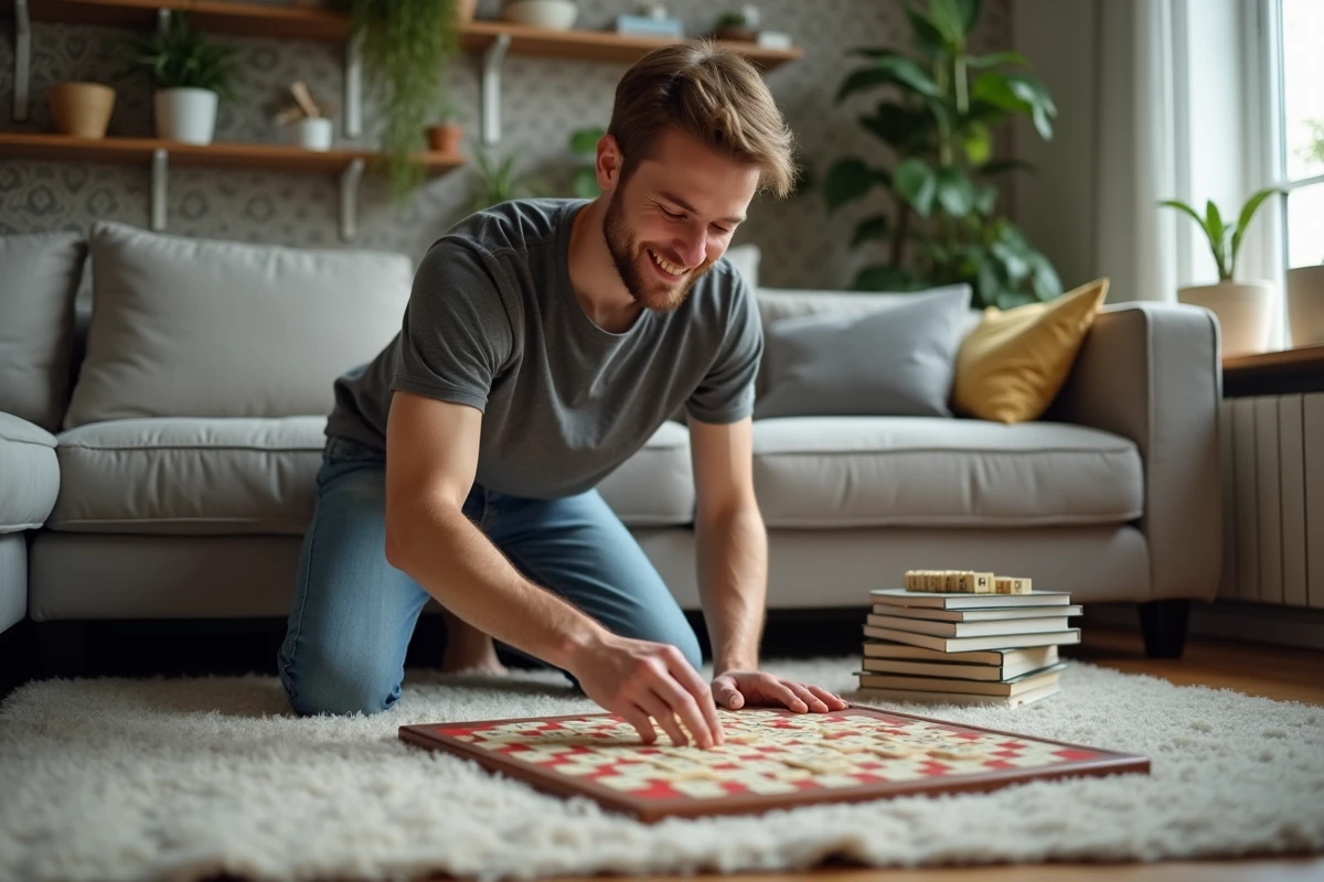 Jeune homme arrangeant des lettres sur un Scrabble dans le salon