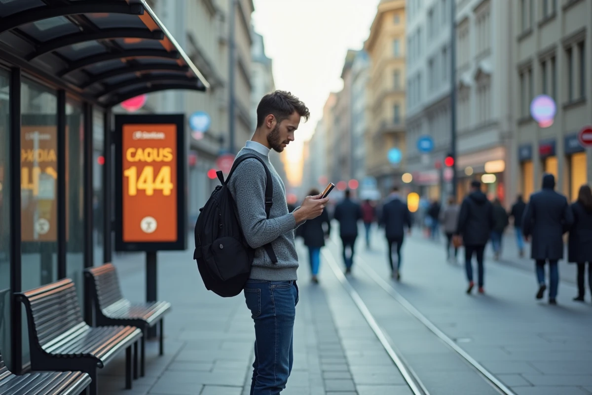 Jeune homme au arrêt de tram regardant son téléphone à 14h14