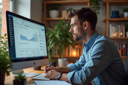 Jeune professionnel SEO analysant un tableau de bord analytics