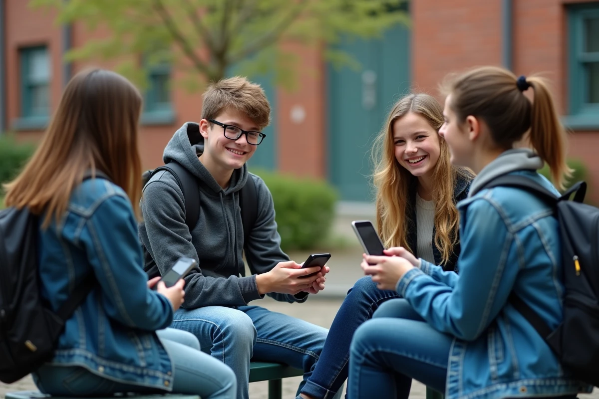 Adolescents discutant avec téléphone en cour d