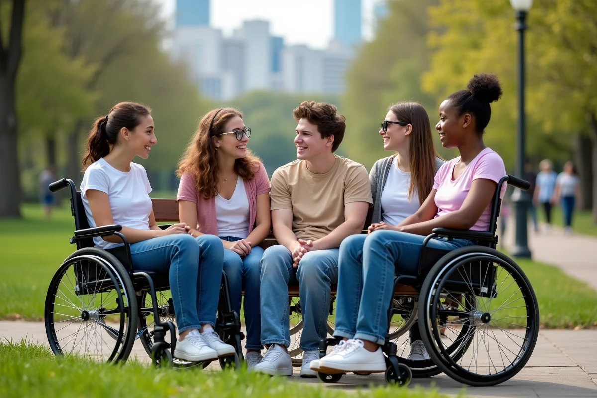 Jeunes dans un parc urbain avec personne en fauteuil
