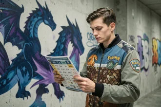 Joueur Pokémon en veste thématique dragon analysant un tableau de faiblesses et résistances de types