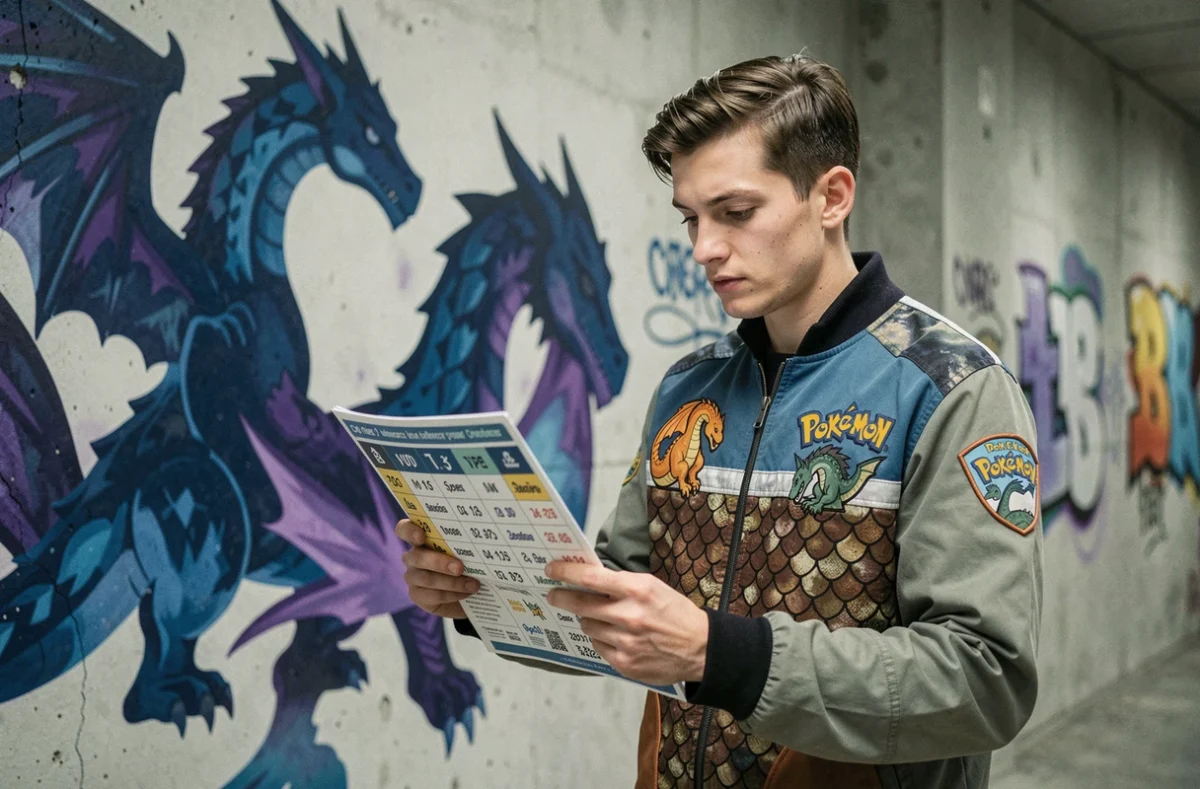 Joueur Pokémon en veste thématique dragon analysant un tableau de faiblesses et résistances de types